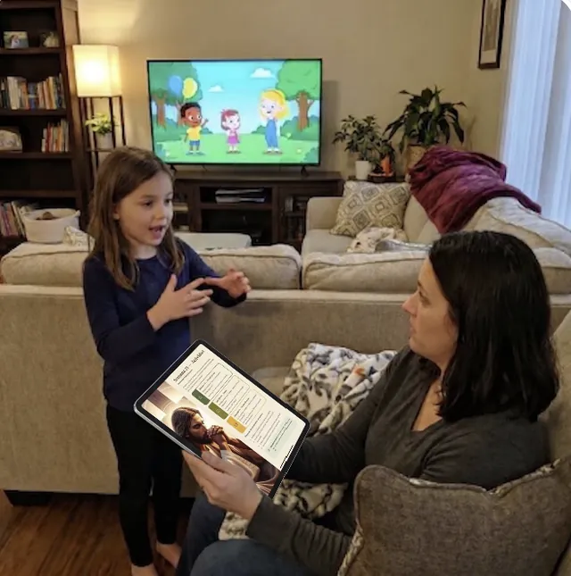 Valentina sentada en el sillón con su hija, que muestra una lección del material en una tablet