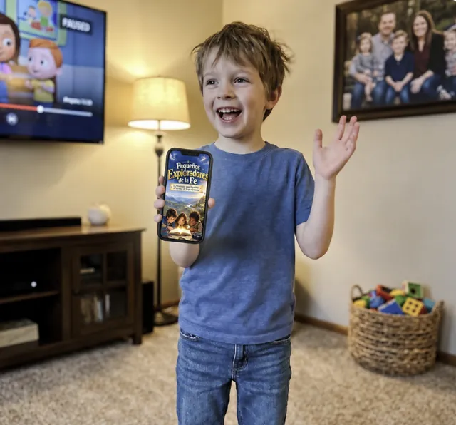 El hijo de Daniela, de 8 años, de pie en la sala mostrando una lección del material en su celular