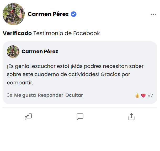 Reseña de Facebook de Carmen Pérez: «¡Es genial escuchar esto! ¡Más padres necesitan saber sobre este cuaderno de actividades! Gracias por compartir.» — 57 Me gusta