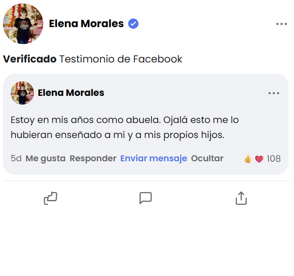 Reseña de Facebook de Elena Morales: «Estoy en mis años como abuela. Ojalá esto me lo hubieran enseñado a mí y a mis propios hijos.» — 108 Me gusta